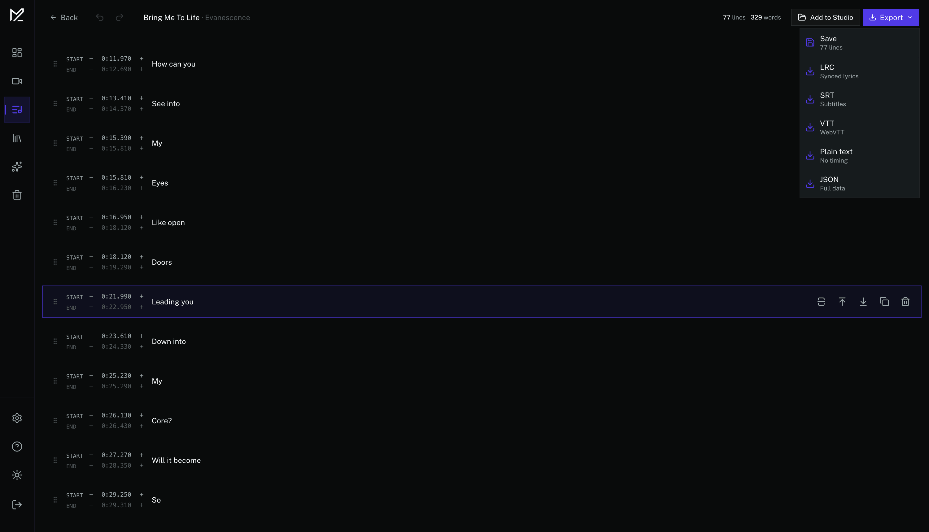 Lyrics Studio interface with synced lyric text animations over audio waveform