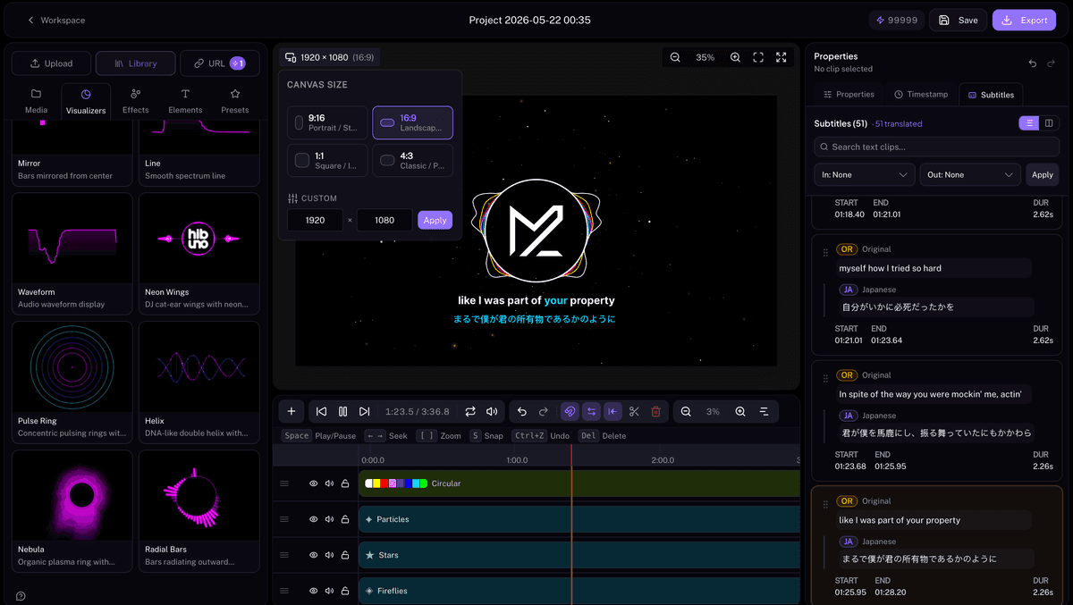Online music video studio with audio visualizer and timeline editor